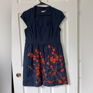 Women’s petite dress, navy with red cherry print embroidered